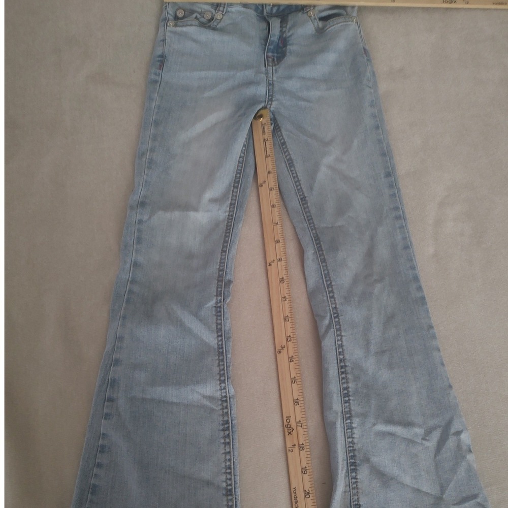 True Religion Joey Kids Girl Light Wash High Rise Flare Jeans Pink Stitch Size 8
